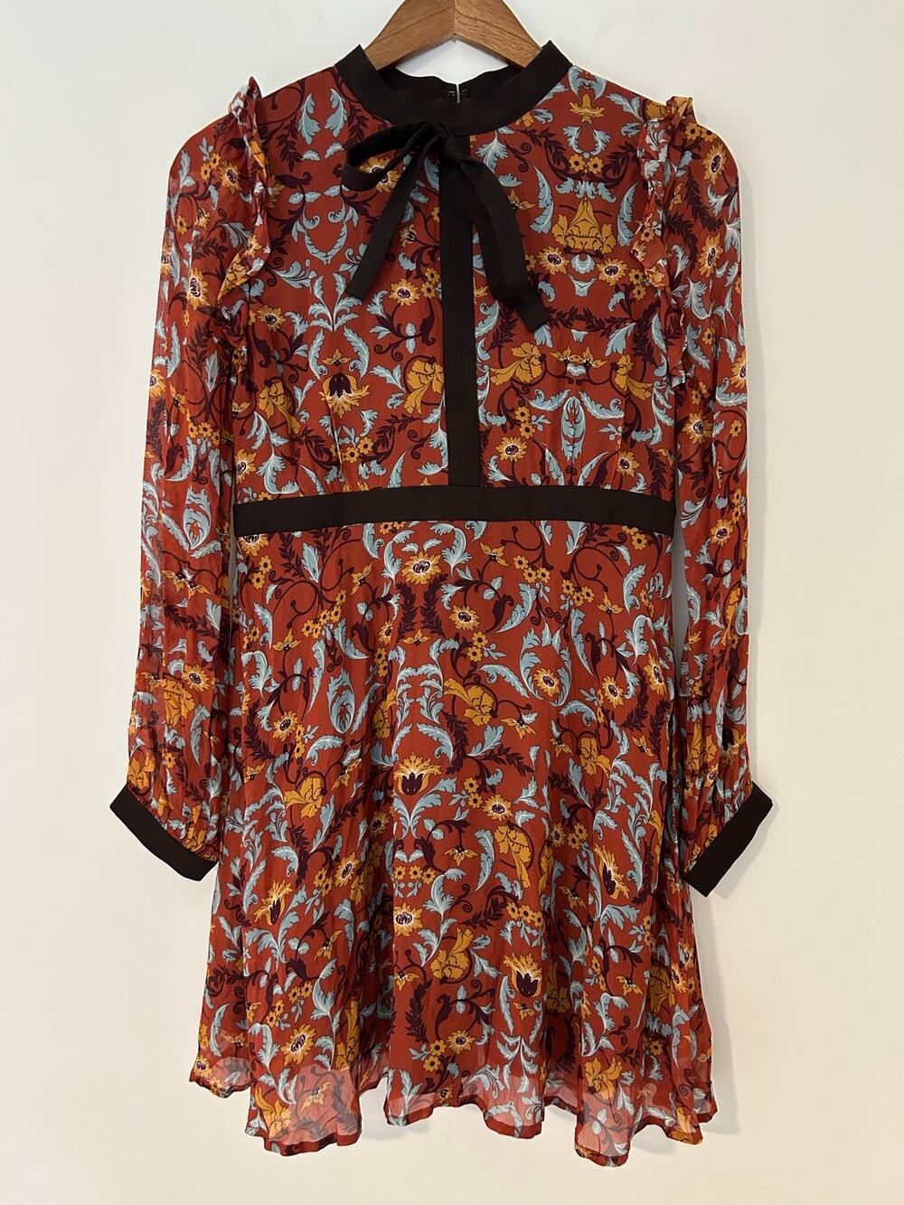 Line + Dot M Long Sleeve Tie Neck Brown Orange Mini Dress Semi Sheer EUC Fall